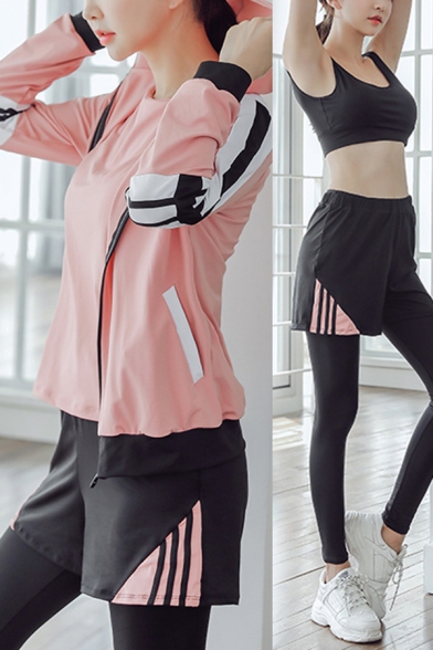 Training Womens Co-ords Striped Contrasted Jacket T-shirt Fit Crop Tank Shorts Leggings Set