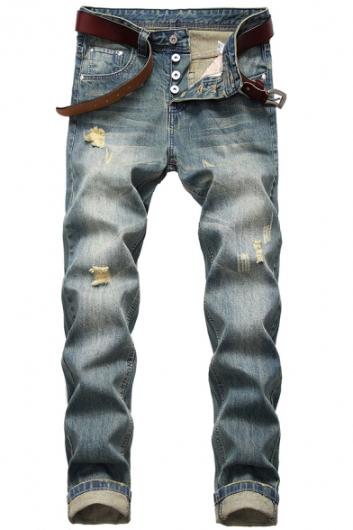 Trendy Men's Jeans Distressed Button Fly Mid Waist Regular Fitted Jeans with Washing Effect