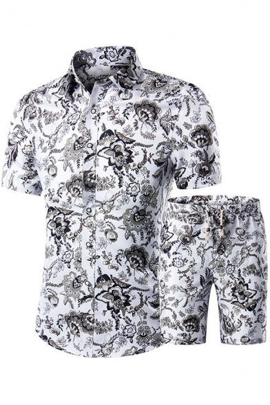 Trendy Mens Co-ords Paisley Chain Floral Pattern Button-down Point Collar Short Sleeves Regular Fitted Shirt with Drawstring Waist Shorts Set