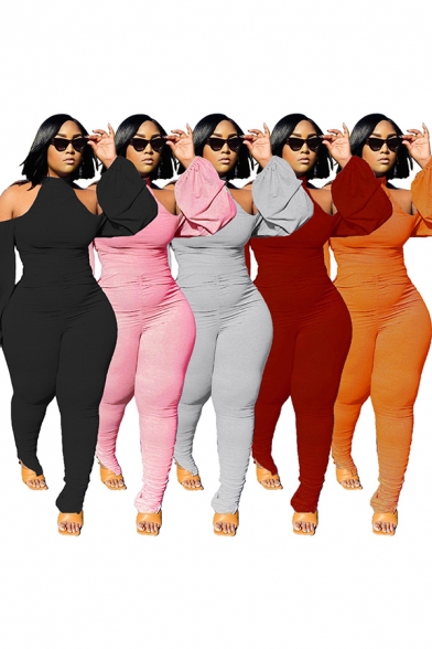 Trendy Women's Jumpsuit Solid Color Hollow out Mock Neck Long Bishop Sleeves Ruched Stacked Long Jumpsuit