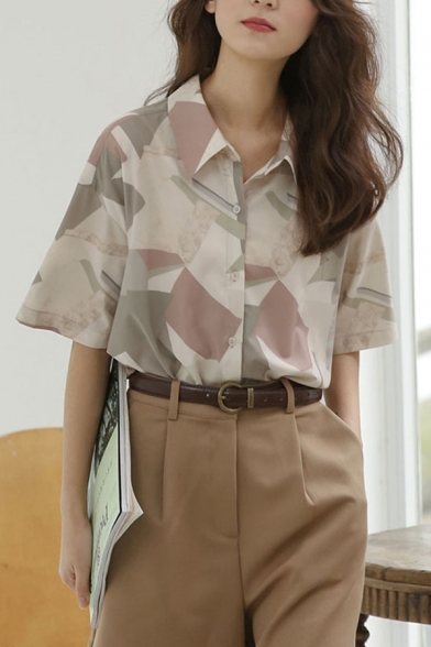 Trendy Women's Shirt Blouse Geometric Pattern Button Closure Turn-down Collar Mid Sleeves Regular Fitted Shirt Blouse