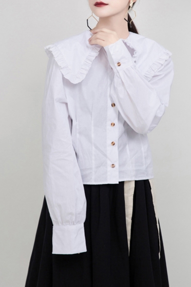 Trendy Women's Shirt Blouse Plain Button Closure Ruffles Peter Pan Collar Long Sleeves Regular Fitted Shirt Blouse