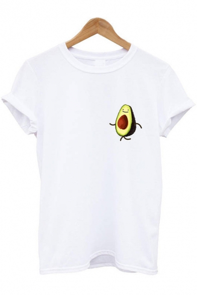 Unique Cool Cartoon Avocado Print Short Sleeve White T-Shirt