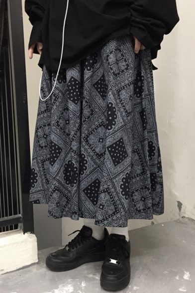Vintage Women's Skirt Pleated Paisley Pattern Elastic Waist Long A-Line Skirt