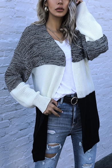 Womens Chic Colorblock Knit Long Sleeve Open Front Fitted Cardigan in Black-white