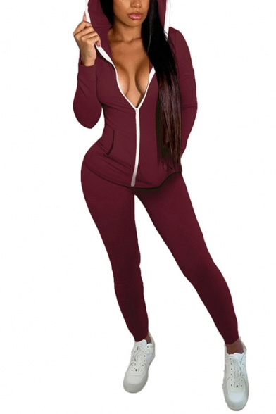 Womens Leisure Solid Color Set Long Sleeve Hooded Zipper Front Relaxed Jacket & Fitted Pants Set