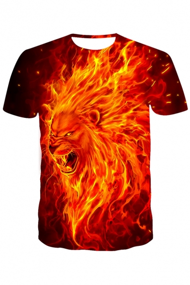 Yellow and Red Fire Lion 3D Pattern Round Neck Short Sleeve T-Shirt