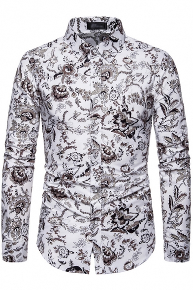 Casual Mens Shirt Floral Patterned Long Sleeve Point Collar Button Up Slim Fit Shirt Top