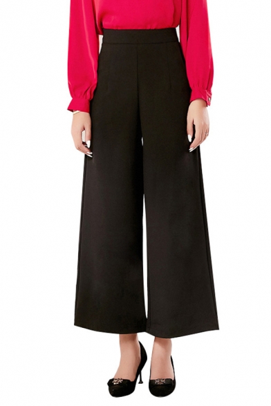 Elegant Pants Solid Color High Waist Ankle Length Wide-leg Pants for Ladies