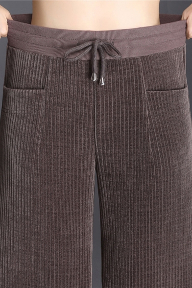 Fashion Girls Pants Corduroy Drawstring Waist Long Length Solid Wide-leg Pants