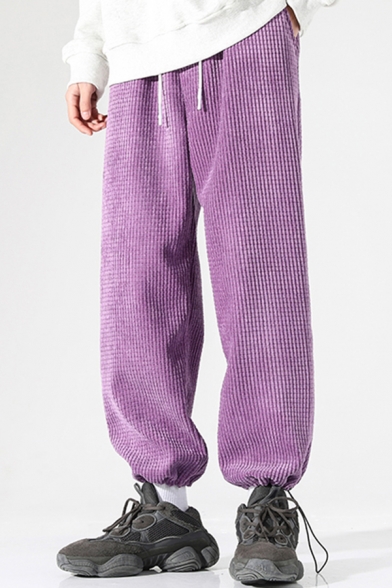 Leisure Men's Pants Solid Color Corduroy Drawstring Hem Side Pocket Ankle Length Pants
