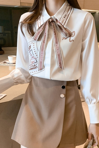 Lovely Girls Shirt Letter Pucky Cartoon Bear Graphic Long Sleeve Point Collar Bow Tied Relaxed Shirt in White