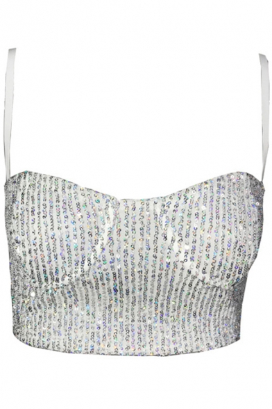 Party Girls Cami Sequins Spaghetti Straps Slim Fit Cropped Plain Cami Top