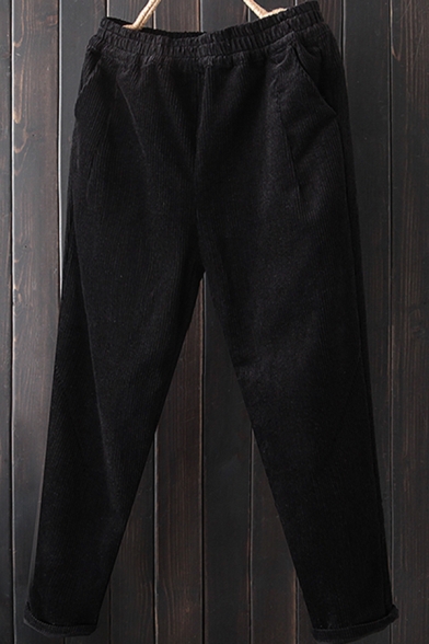 Retro Womens Pants Sherpa Liner Corduroy Elastic Waist Ankle Length Relaxed Plain Pants