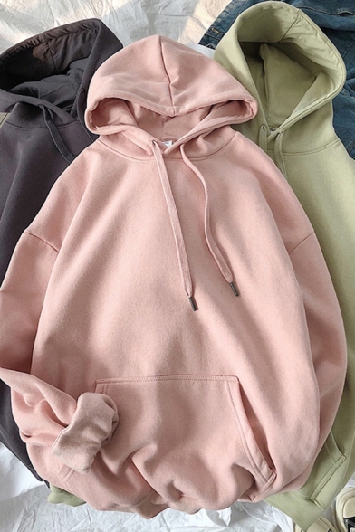 Simple Solid Color Hoodie Long Sleeve Drawstring Kangaroo Pocket Loose Hoodie for Men