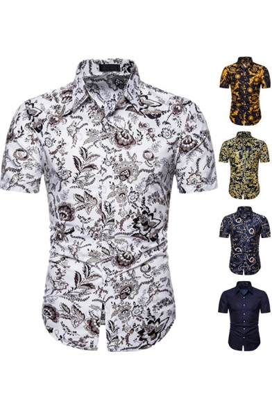 Stylish Guys Shirt All Over Floral Pattern Short Sleeve Spread Collar Button Up Slim Fit Shirt Top