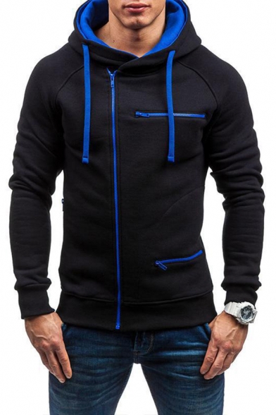 Trendy Men's Hoodie Contrast Piping Zip Closure Long Sleeves Raglan Drawstring Hooded Sweatshirt