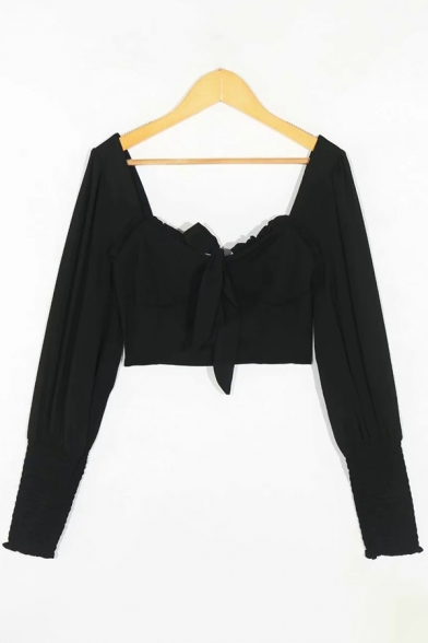 Trendy Women's Shirt Blouse Solid Color Ruffle Detail Front Tie Sweetheart Neck Stringy Selvedge Embellished Long Sleeves Cropped Blouse
