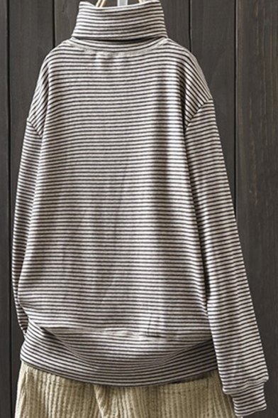 Trendy Womens Tee Top Stripe Printed Long Sleeve Turtleneck Relaxed T Shirt