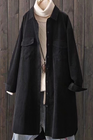 Womens Vintage Coat Corduroy Plain Long Sleeve Spread Collar Button Up Longline Loose Coat