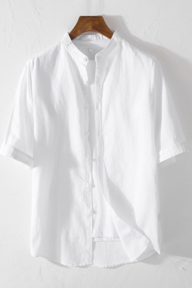 Basic Guys Shirt Linen and Cotton Plain Roll Up Sleeve Collarless Button-up Relaxed Shirt Top