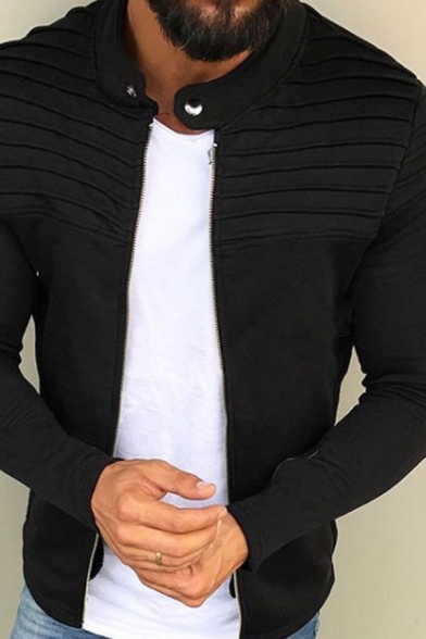 Basic Mens Jacket Plain Ribbed Long Sleeve Button Detail Zipper Front Fitted Jacket