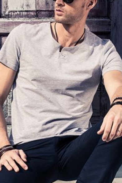 Basic Mens T Shirt Solid Color Short Sleeve V-neck Button Detail Regular T Shirt