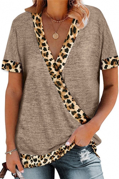 Basic Women's Tee Top Contrast Leopard Trim Wrap Front Short Sleeves Regular Fitted T-Shirt