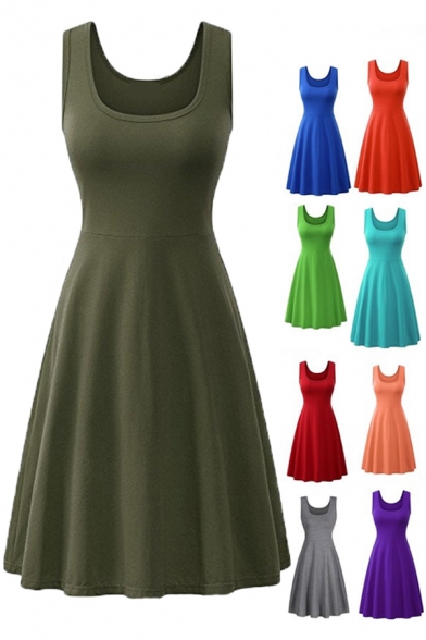 Casual Girls Plain Dress Scoop Neck Mid Pleated A-line Tank Dress