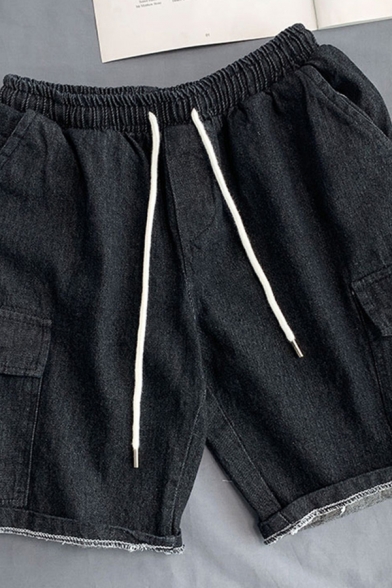 Cool Boys Shorts Drawstring Waist Flap Pockets Straight Solid Denim Shorts