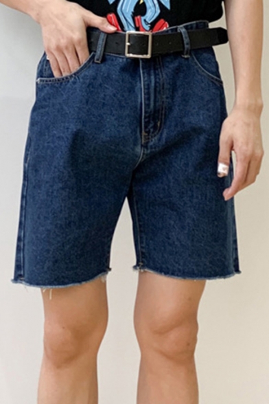Fancy Men's Denim Shorts Light Wash High Rise Side Pocket Frayed Cuffs Knee Length Straight Denim Shorts