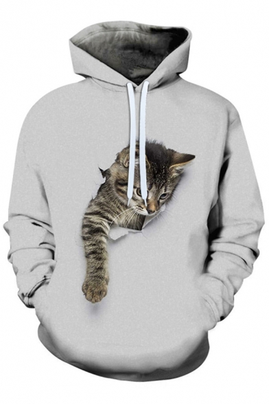 Fancy Men's Hoodie Digital Cat 3D Print Front Pocket Long Sleeve Drawstring Hooded Sweatshirt