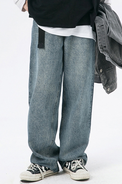 Fancy Men's Jeans Pocket Design Long Wide Leg Jeans with Washing Effect