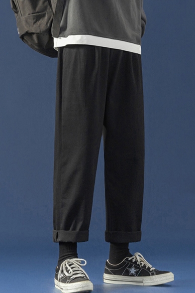 Fancy Men's Pants Fleece Lined Mid Waist Zip Fly Ankle Length Tapered Pants