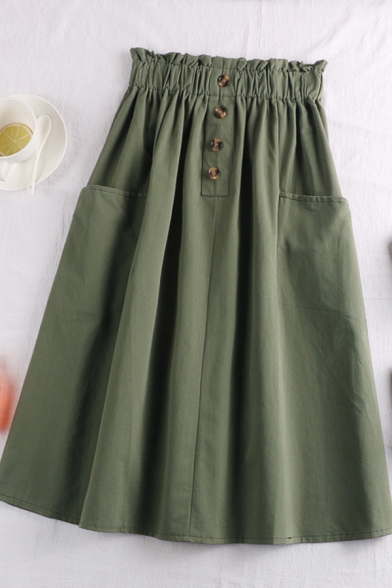 Fancy Women's Skirt Solid Color Front Pocket Button Detail Elastic Ruffle Waist Midi A-Line Dress