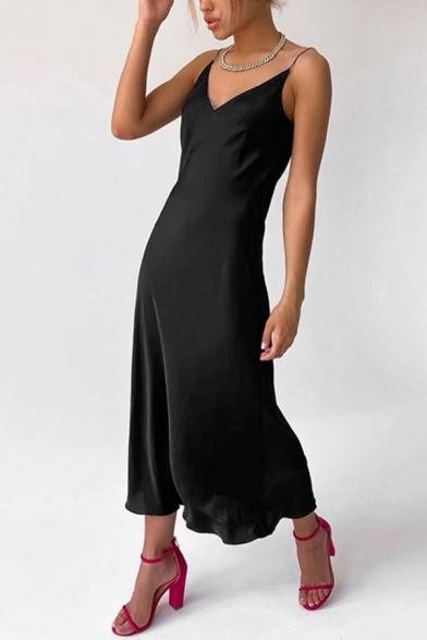 Ladies Sexy Plain Dress Satin Spaghetti Straps V-neck Mid A-line Cami Dress