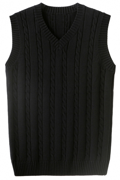 Leisure Men's Knit Vest Cable Knit Ribbed Trim V Neck Sleeveless Slim Fitted Pullover Knit Vest