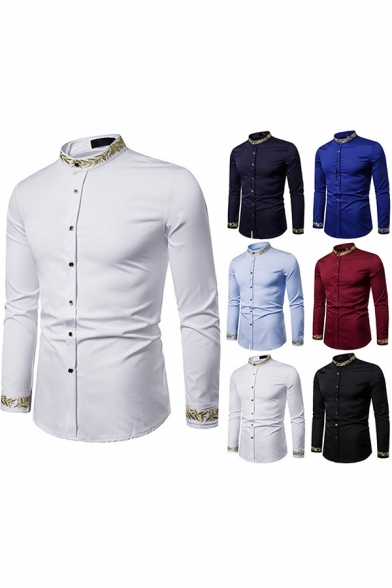Leisure Shirt Leaf Embroidered Long Sleeve Stand Collar Button Up Fitted Shirt for Men
