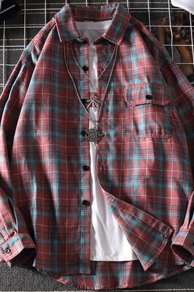 Street Boys Shirt Plaid Printed Long Sleeve Point Collar Button Up Relaxed Shirt Top