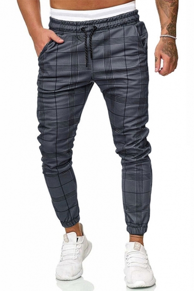Stylish Men's Pants Plaid Tartan Print Drawstring Low Waist Ankle Length Banded Cuffs Pants