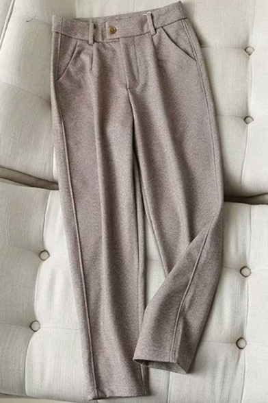 Stylish Women's Pants Heathered Zip Fly Side Pocket Mid Waist Ankle Length Tapered Pants
