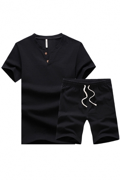Trendy Men's Set Solid Color Button Detail Short Sleeves Regular Fitted Tee Top with Drawstring Elastic Waist Shorts Co-ords