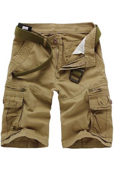Trendy Men's Shorts Solid Color Flap Pocket Side Pocket Zip Fly Knee Length Straight Shorts
