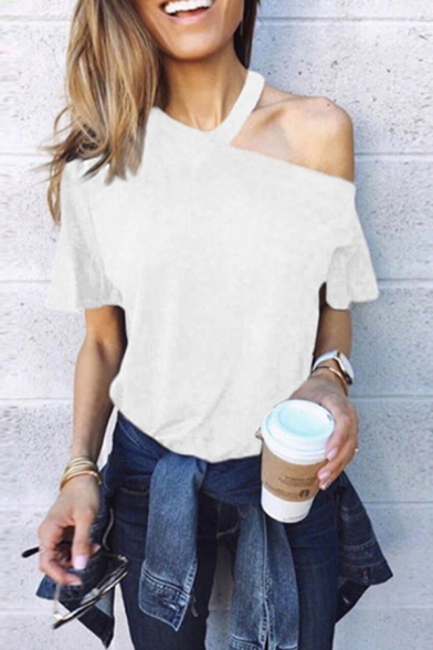 Trendy Women's Tee Top Solid Color Halter Neck Cold Shoulder Short Flare Cuff Sleeves Regular Fitted T-Shirt