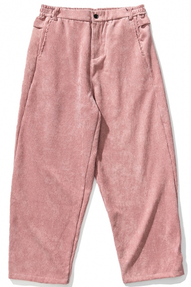 Unique Men's Pants Solid Color Pocket Detail Corduroy Elastic Waist Long Straight Pants