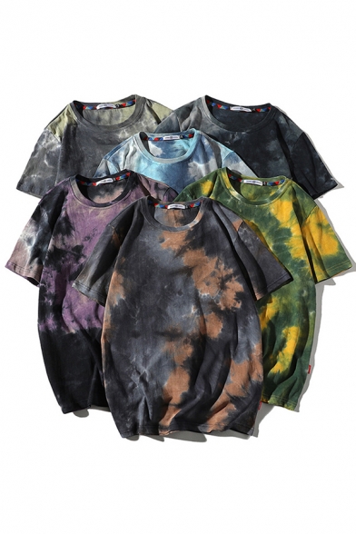 Unique Men's Tee Top Tie Dye Pattern Round Neck Short Sleeves Relaxed Fit T-Shirt