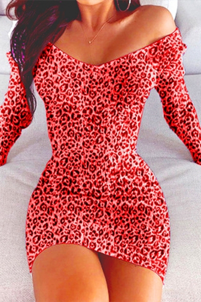 Womens Classic Red Leopard Pattern Off the Shoulder V-Neck Long Sleeve Pleated Detail Mini Bodycon Dress