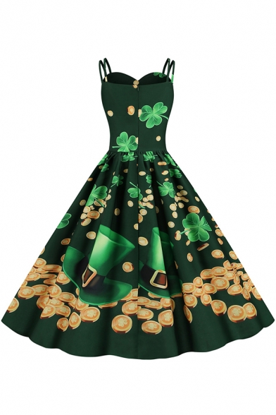 Amazing Girls Dress Spaghetti Straps Sweetheart Neck St.Patrick Printed Midi Swing Pleated Cami Dress in Green