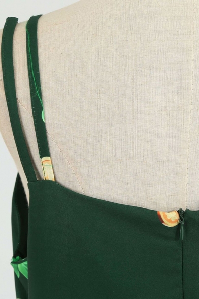 Amazing Girls Dress Spaghetti Straps Sweetheart Neck St.Patrick Printed Midi Swing Pleated Cami Dress in Green
