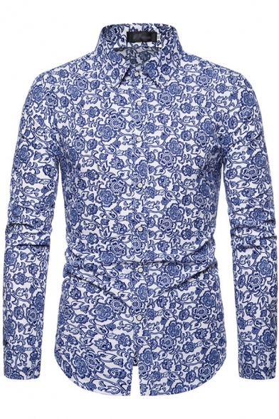 Casual Mens Shirt Floral Patterned Long Sleeve Point Collar Button Up Slim Fit Shirt Top